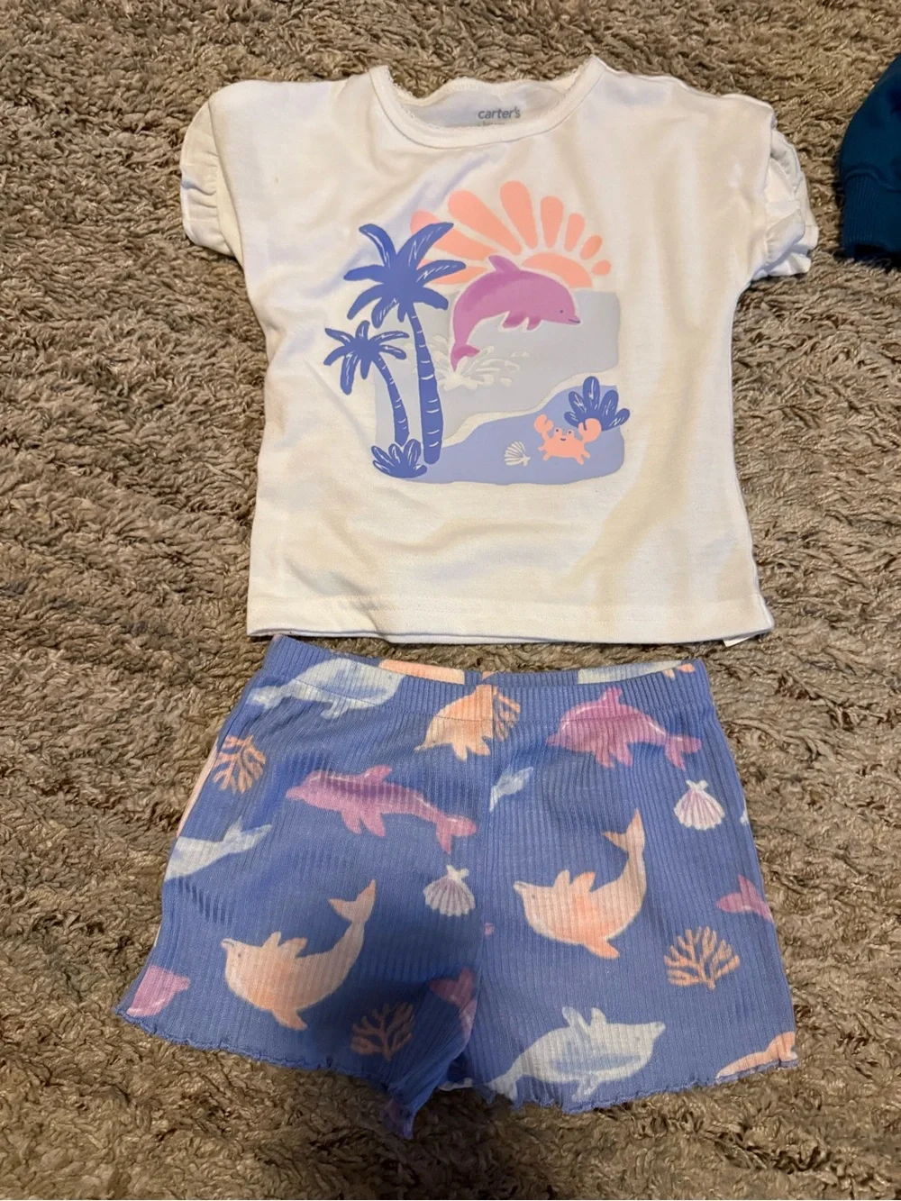 Carter's White Top with Lavender Dolphin Print & Purple Shorts Pajama Set
